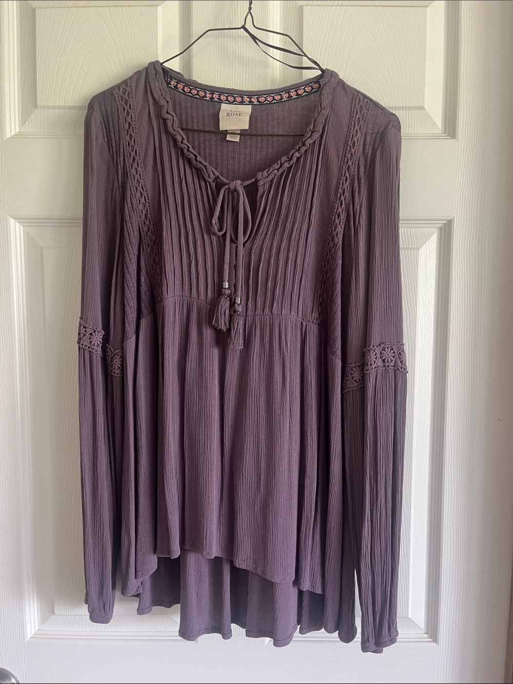 Knox Rose Plum Long-Sleeve Peasant Tunic with Tie Neck Size XL